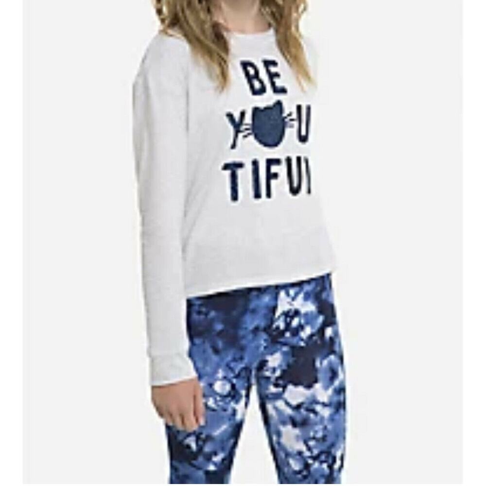 Justice Gray Blue Sparkle Be Beyoutiful Cat Girls’ Long Sleeve Tee Top Size 12